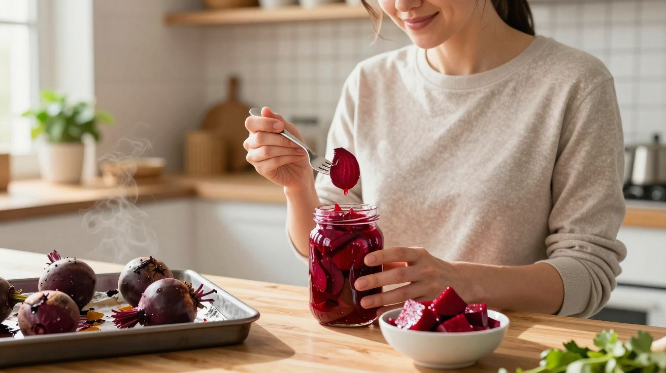 Woman in a kitchen holding a jar of pickled beets with sliced beets on a tray and bowl nearby.