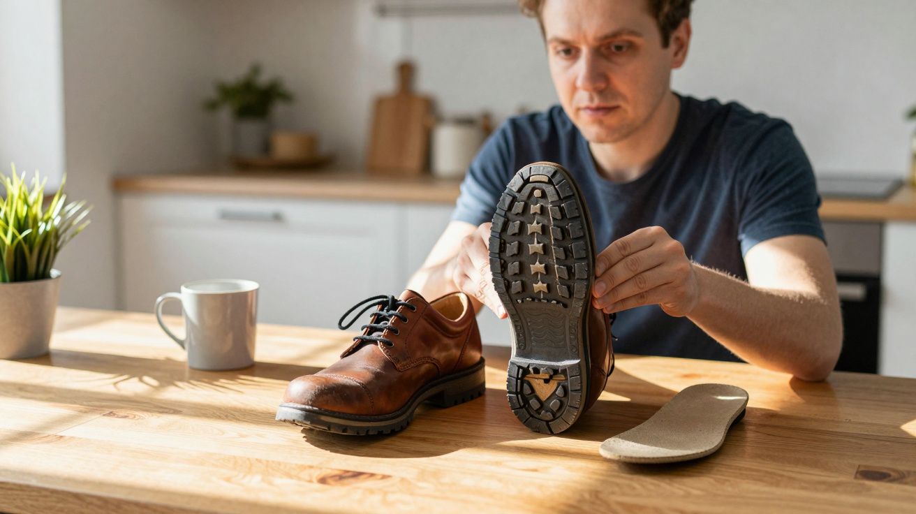 Man examining the sole of a brown leather shoe at a wooden table, with an insole and coffee mug nearby.