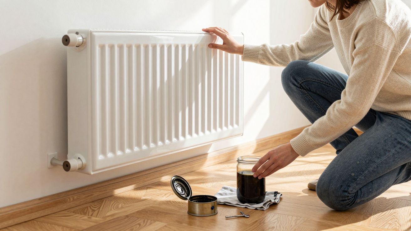 Person kneeling by a white radiator, opening a jar of black liquid, with a cloth and tools on the wooden floor.
