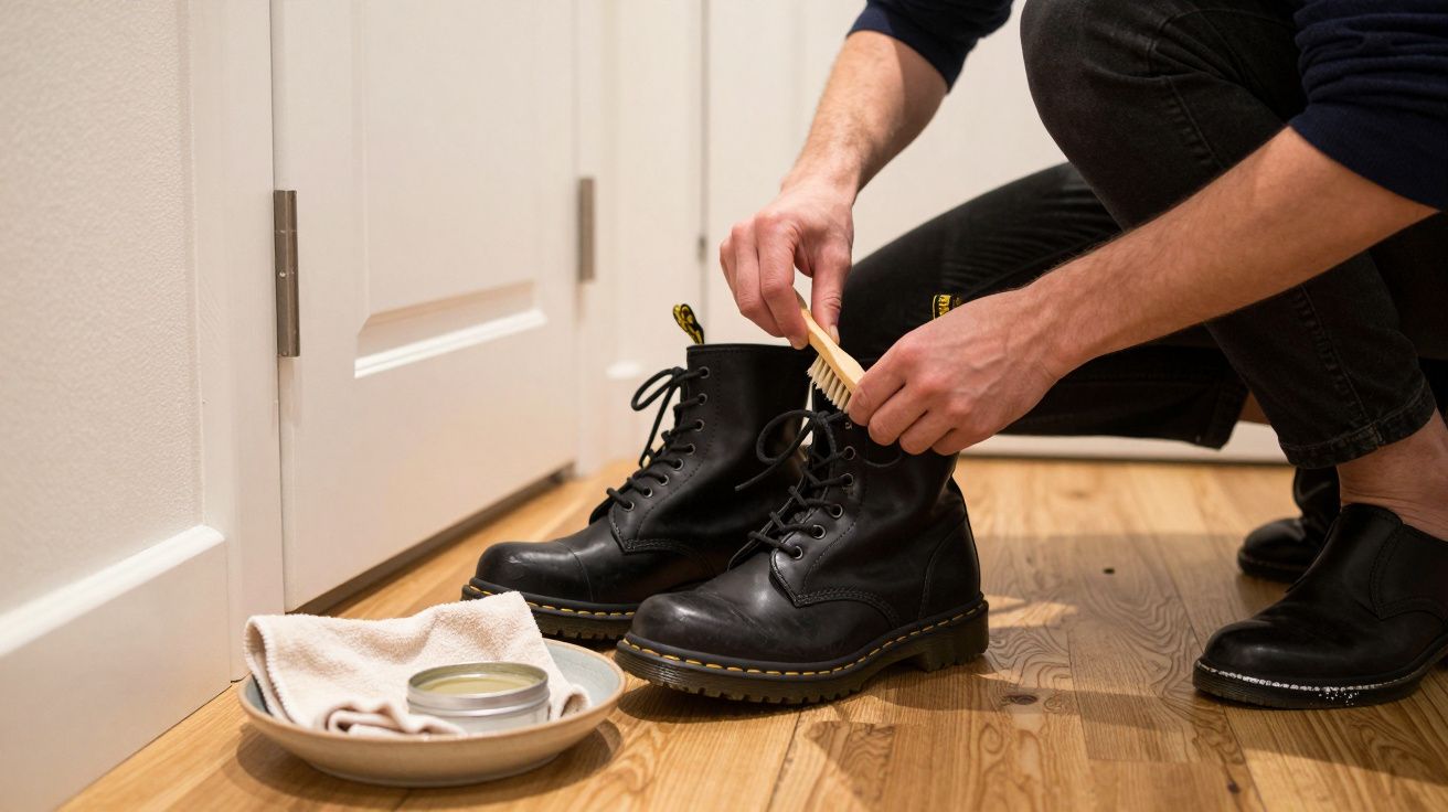 Person polishing black leather boots with a brush indoors on a wooden floor.