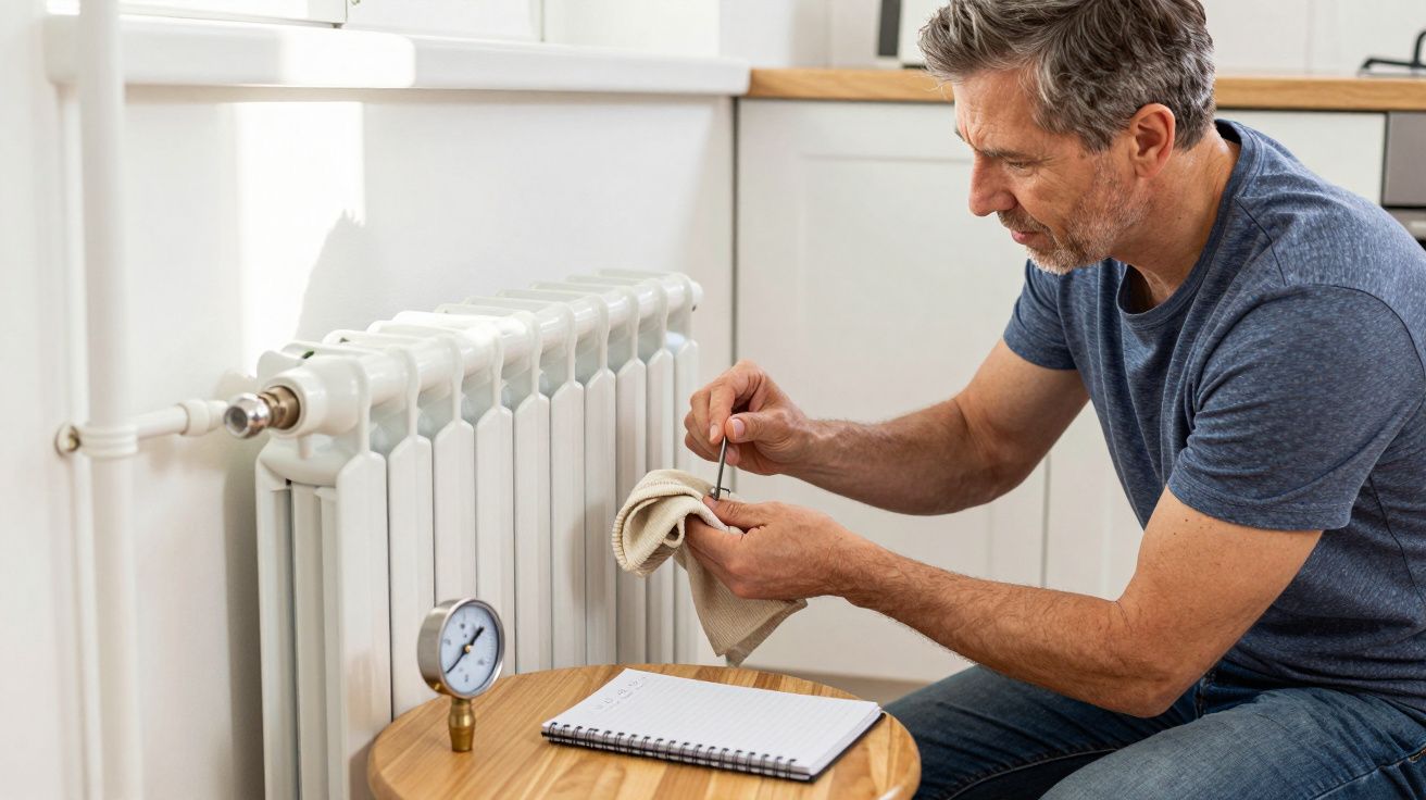 Man bleeding a radiator with a screwdriver in a kitchen, notebook on nearby table.