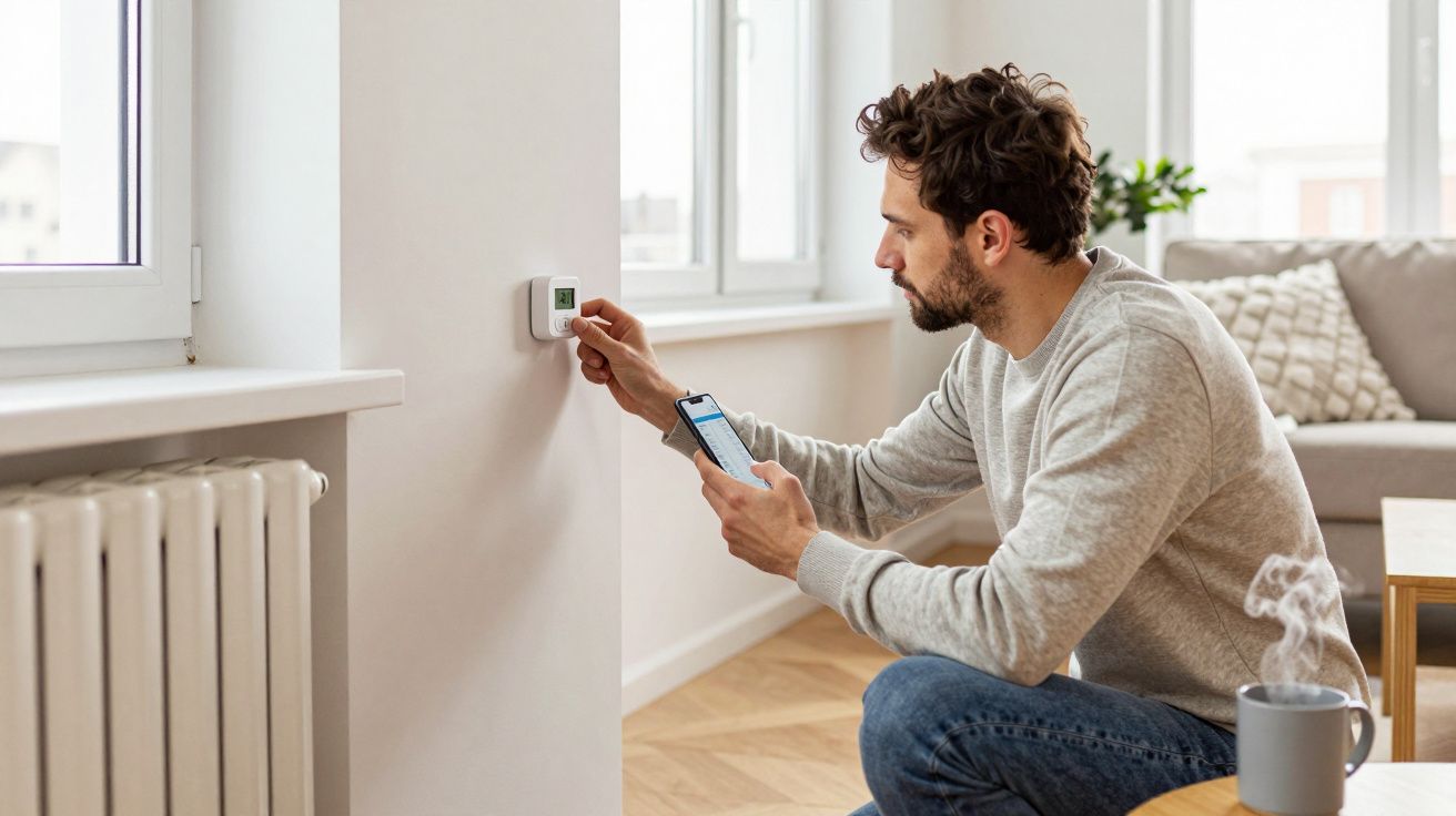 Man adjusting thermostat on wall while holding smartphone, steam rising from a mug in foreground, radiator below window.