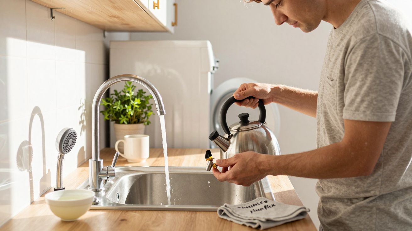 Man filling a kettle at a kitchen sink with sunlight streaming in, plant and cup on the counter.