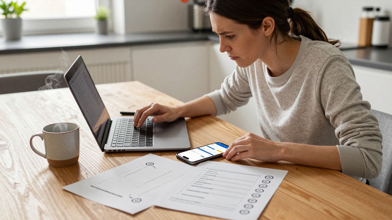 Woman working at a wooden table with a laptop, smartphone, and papers. A steaming mug is nearby.