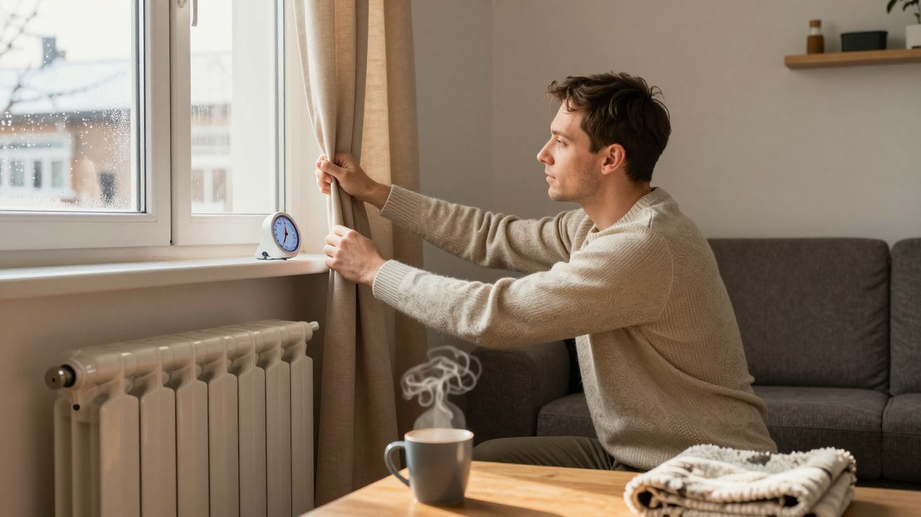 Man adjusting curtain by window, cup of steaming coffee on table in cosy living room.