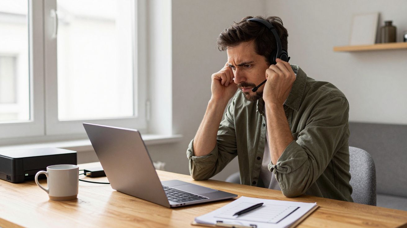 Man in headset focused on laptop at desk, holding head in concentration, clipboard and mug nearby.