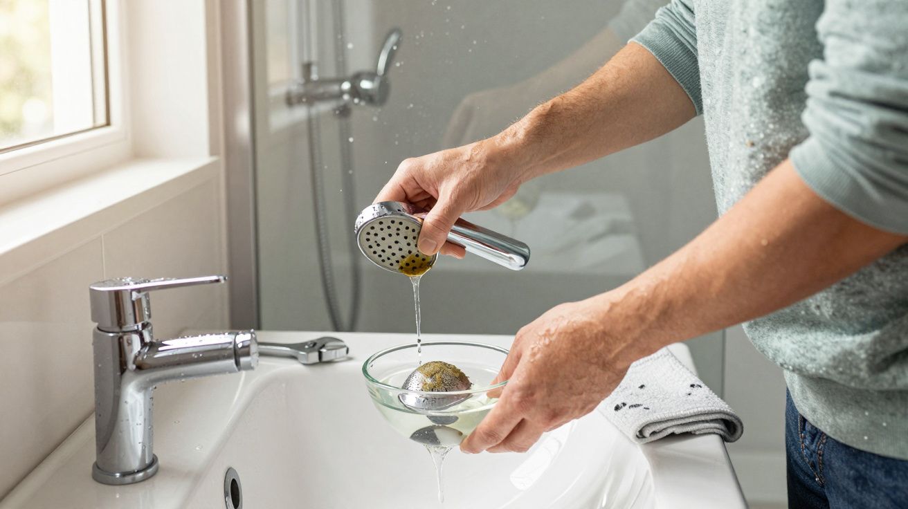 Person cleaning a shower head by soaking it in a bowl of vinegar above a sink in a bathroom.