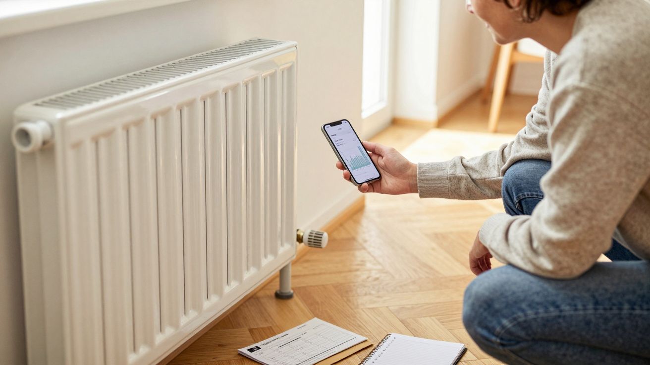 Person using a smartphone app to control a white radiator, with papers and a notebook on a wooden floor.