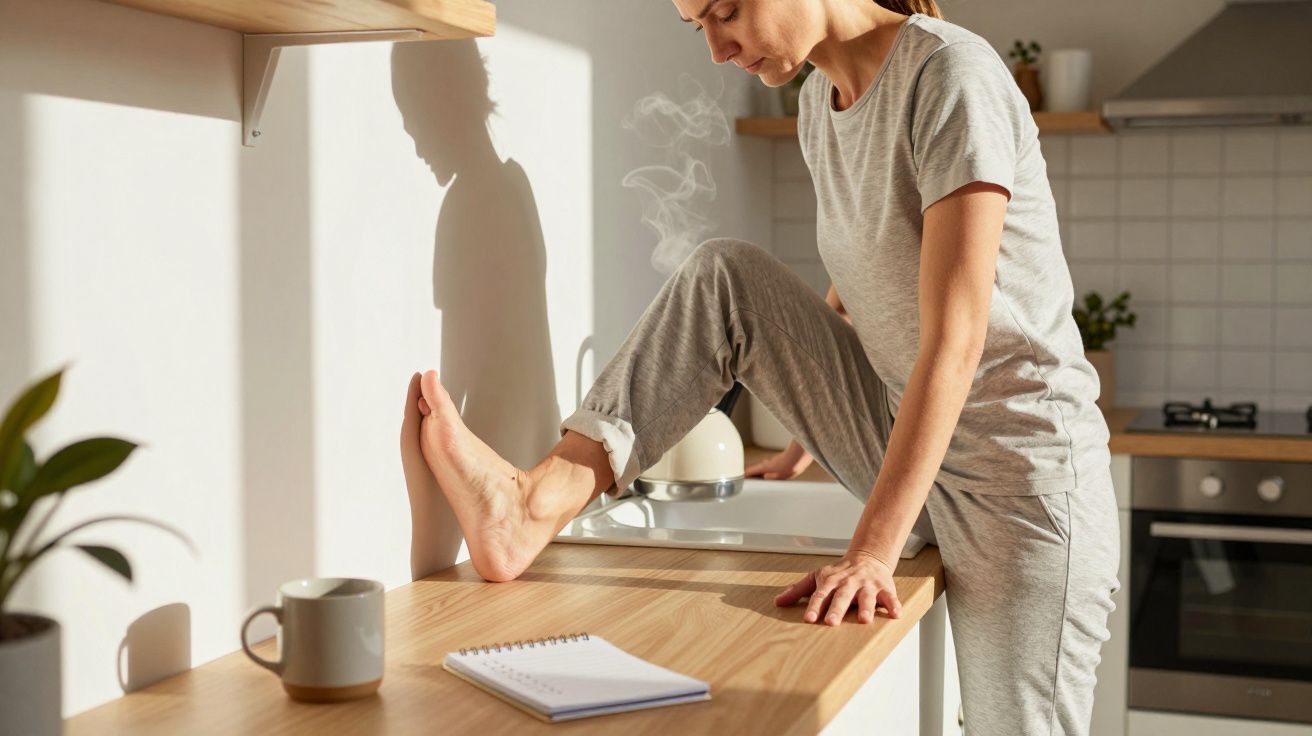 Woman in grey pyjamas stretches leg on kitchen counter near steaming kettle, notebook, and mug.
