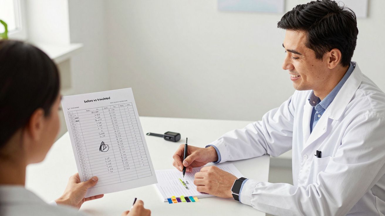 Doctor discusses test results with a patient, holding paperwork in a bright, white office.