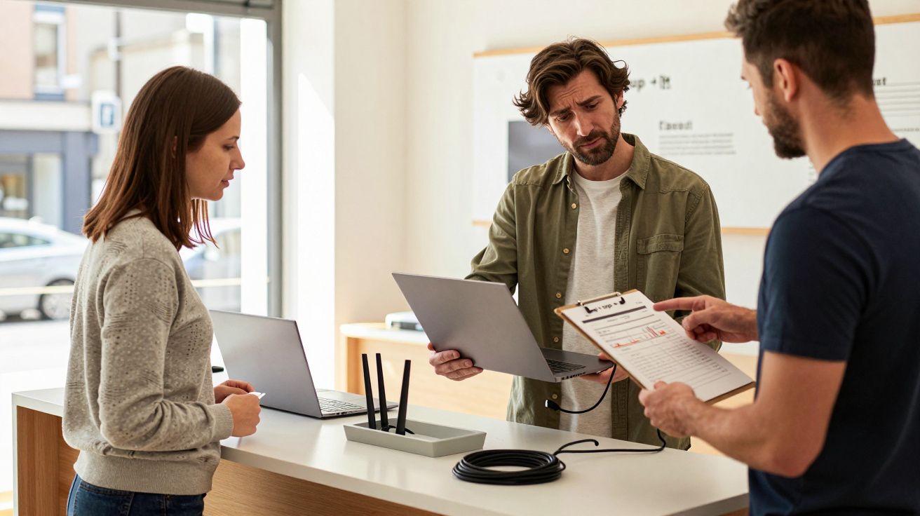 Three people in a store discuss laptops and a router on a counter, one holds a clipboard, another holds a laptop.