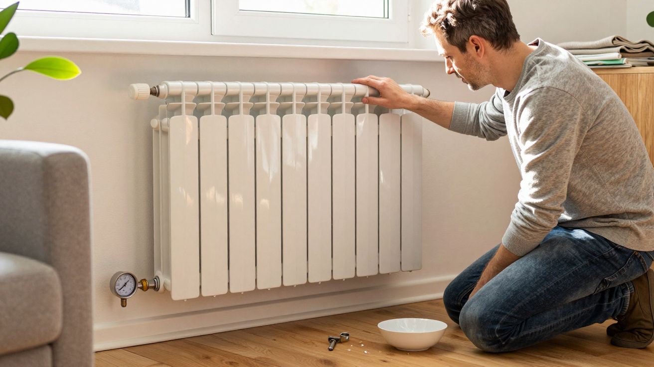 Man in grey jumper kneeling, adjusting a white radiator in a room with wooden floor and sunlight from a window.