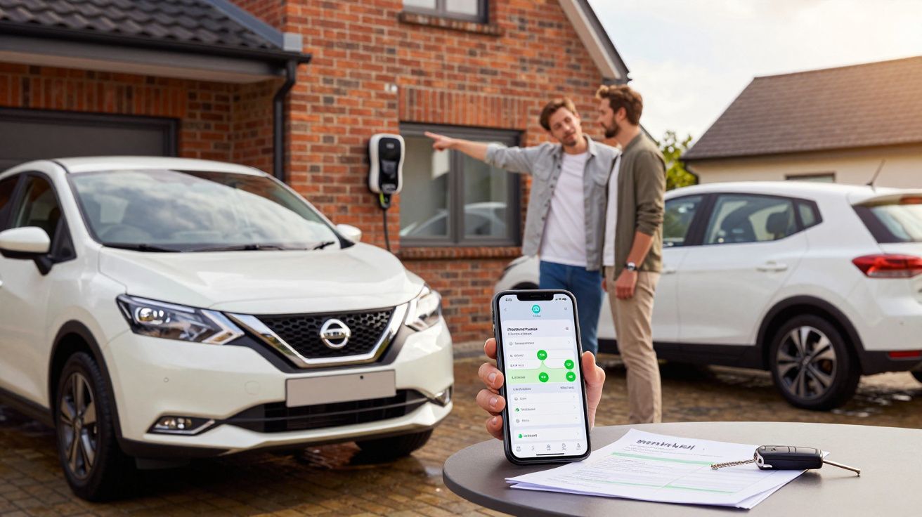 Person holds phone showing car charging app, two people stand near parked electric cars and charging station outside house.