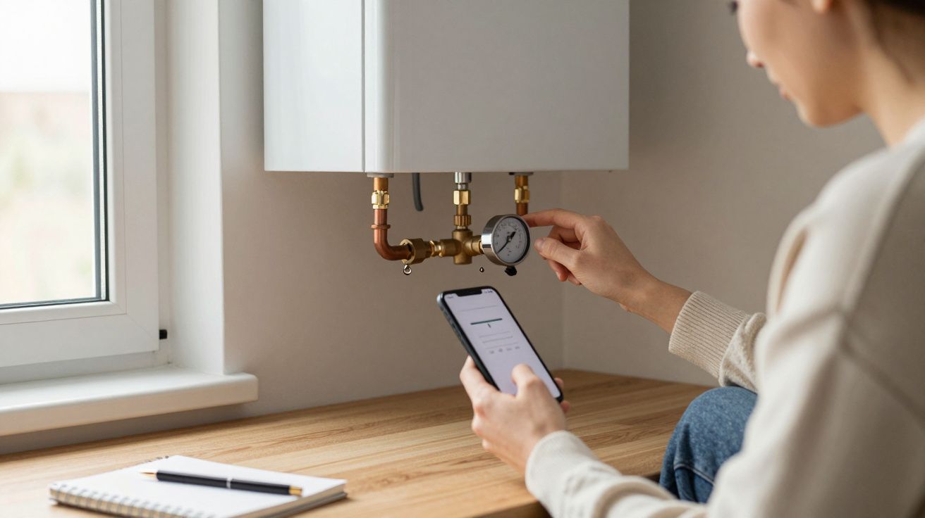 Person adjusting boiler pressure while checking a smartphone app.