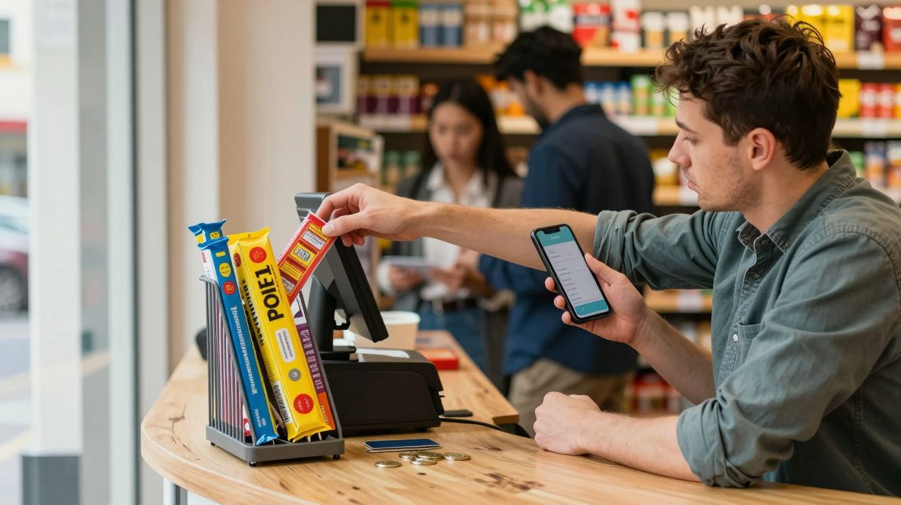 Man using a smartphone to scan a product at a self-checkout counter in a grocery store.