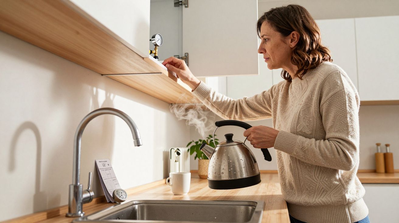 Woman in a kitchen adjusting a wooden shelf above a sink, holding a steaming kettle, with cups and plants nearby.