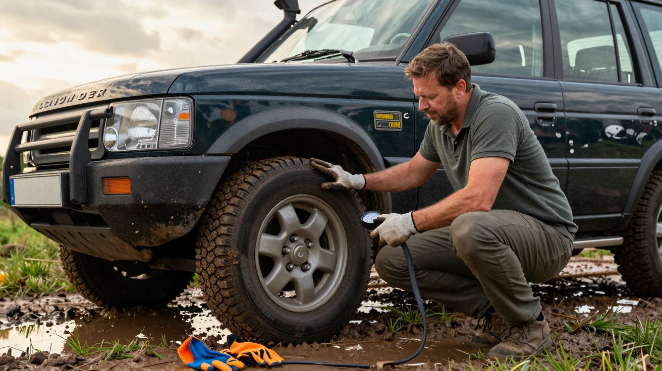 Man checking tyre pressure of off-road vehicle in muddy field.