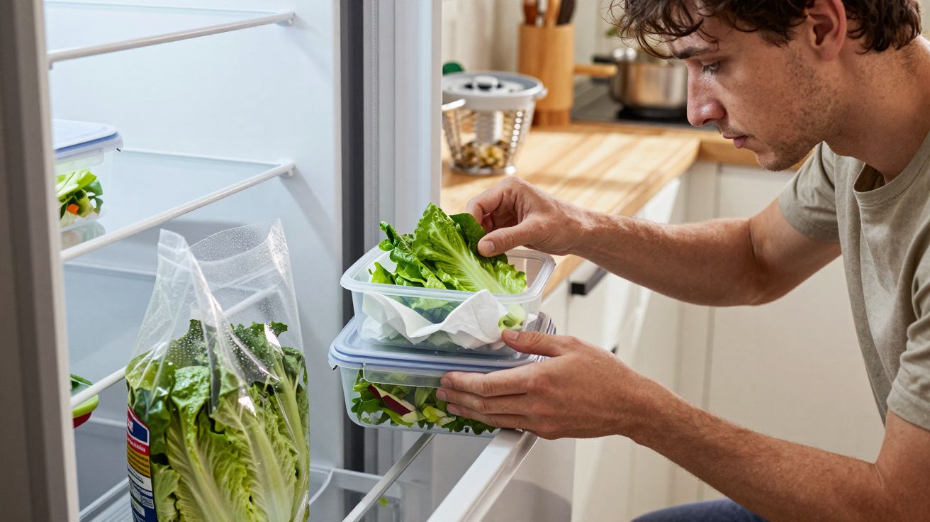 Man placing container of fresh greens in a refrigerator, next to a bag of lettuce, in a modern kitchen setting.