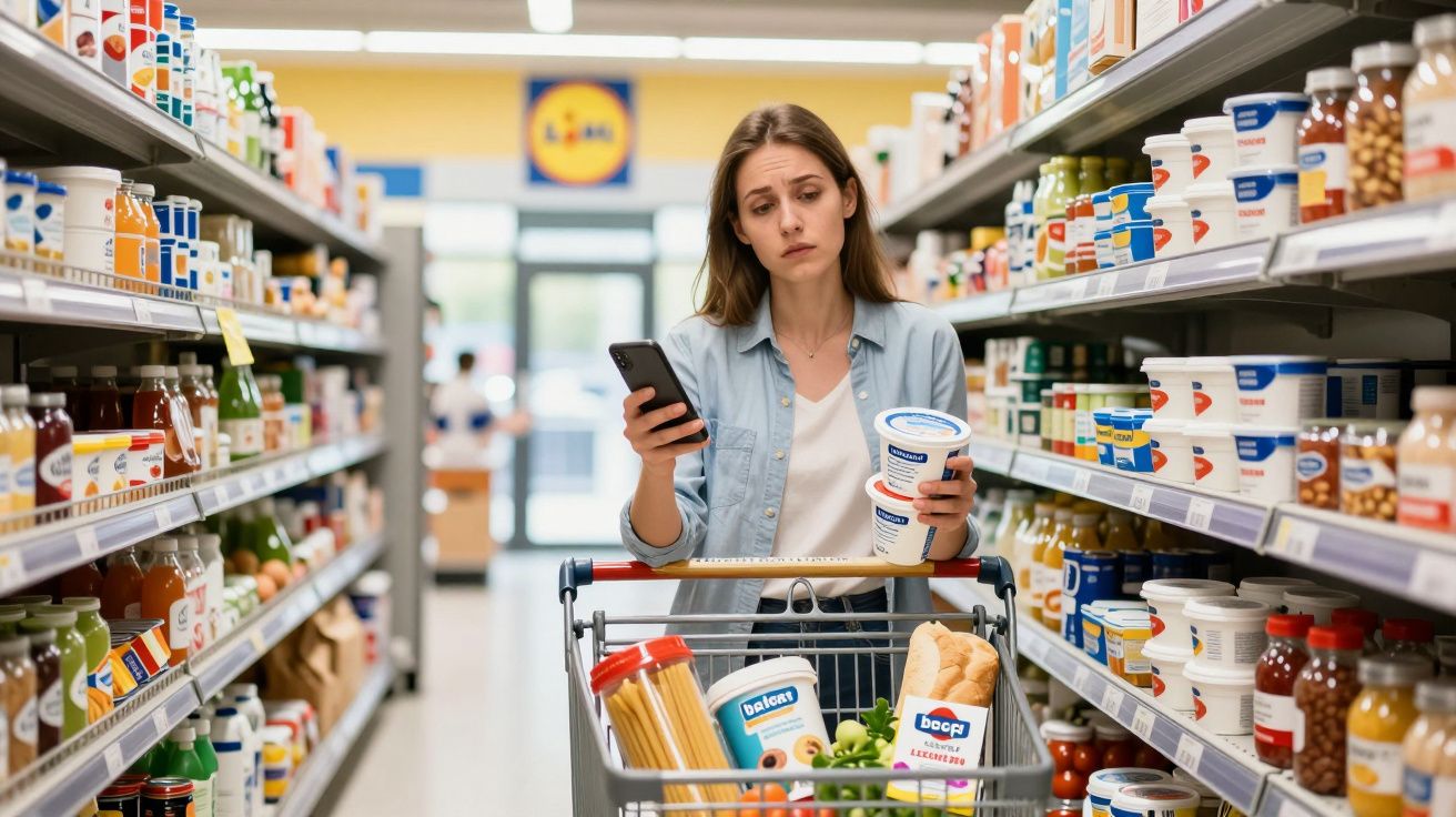 Woman in supermarket aisle holding yogurt and phone, looking concerned, with a partially filled trolley.