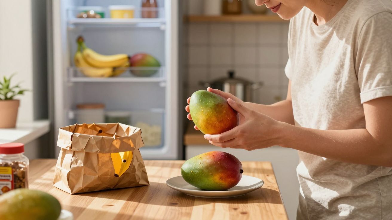 Woman in kitchen holding a mango near a fridge, with paper bag and fruit on wooden table.