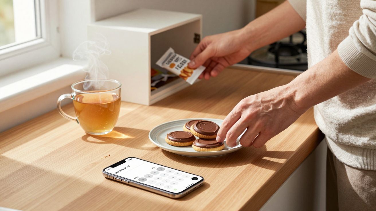 Person arranging biscuits on a plate beside a steaming cup of tea and a smartphone on a wooden kitchen counter.