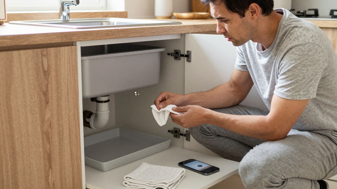 Man inspecting a sink pipe under a kitchen cabinet, holding a cloth, with a phone and towels nearby.