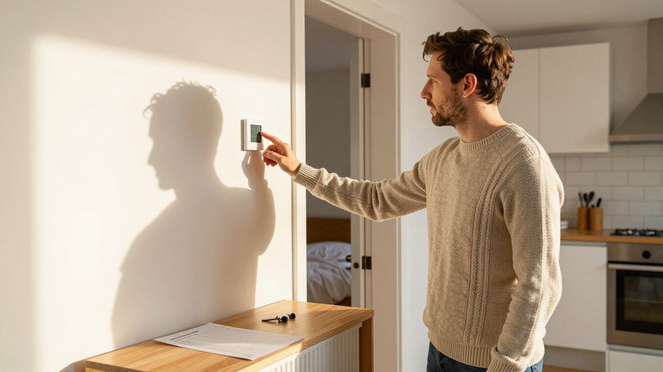 Man adjusting thermostat in bright kitchen, wearing a beige jumper. Shadow cast on wall. Kitchen counter with papers and keys