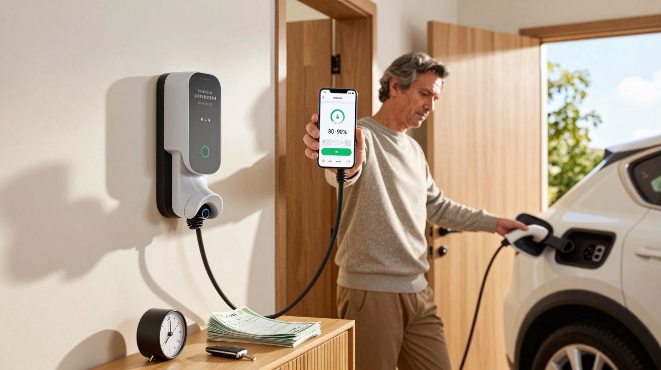 Man charging electric car at home, holding smartphone showing charging status.