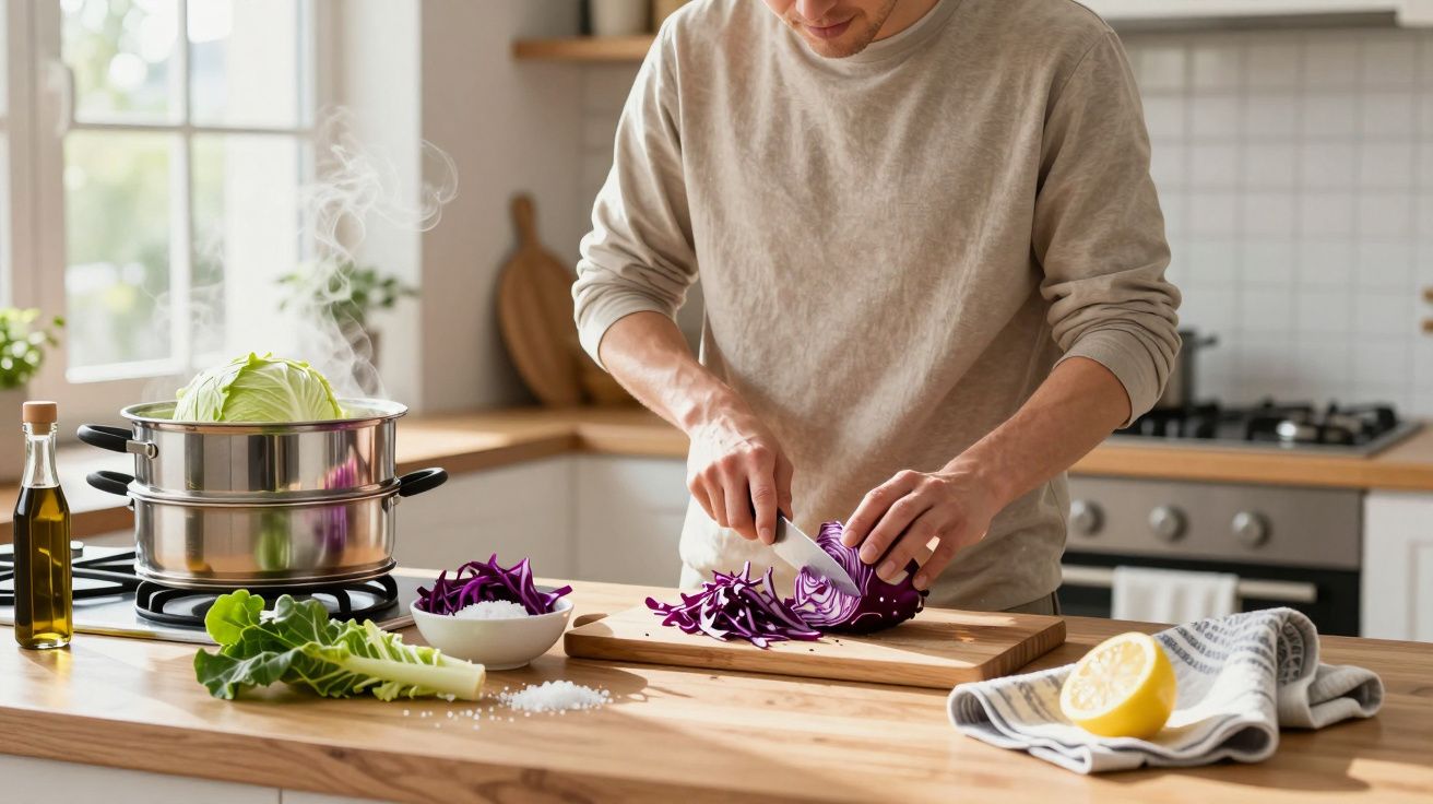 A man in a kitchen chopping red cabbage on a wooden countertop, with a steaming pot and ingredients nearby.