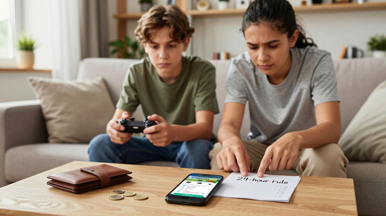 Two teenagers focus on a "24-hour rule" paper. A wallet, coins, and smartphone are on the table.