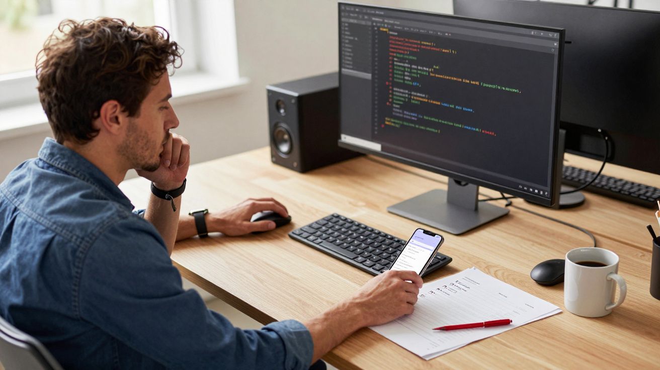 Man working at a desk with computer code on monitor, holding a smartphone, a notebook and a coffee cup nearby.