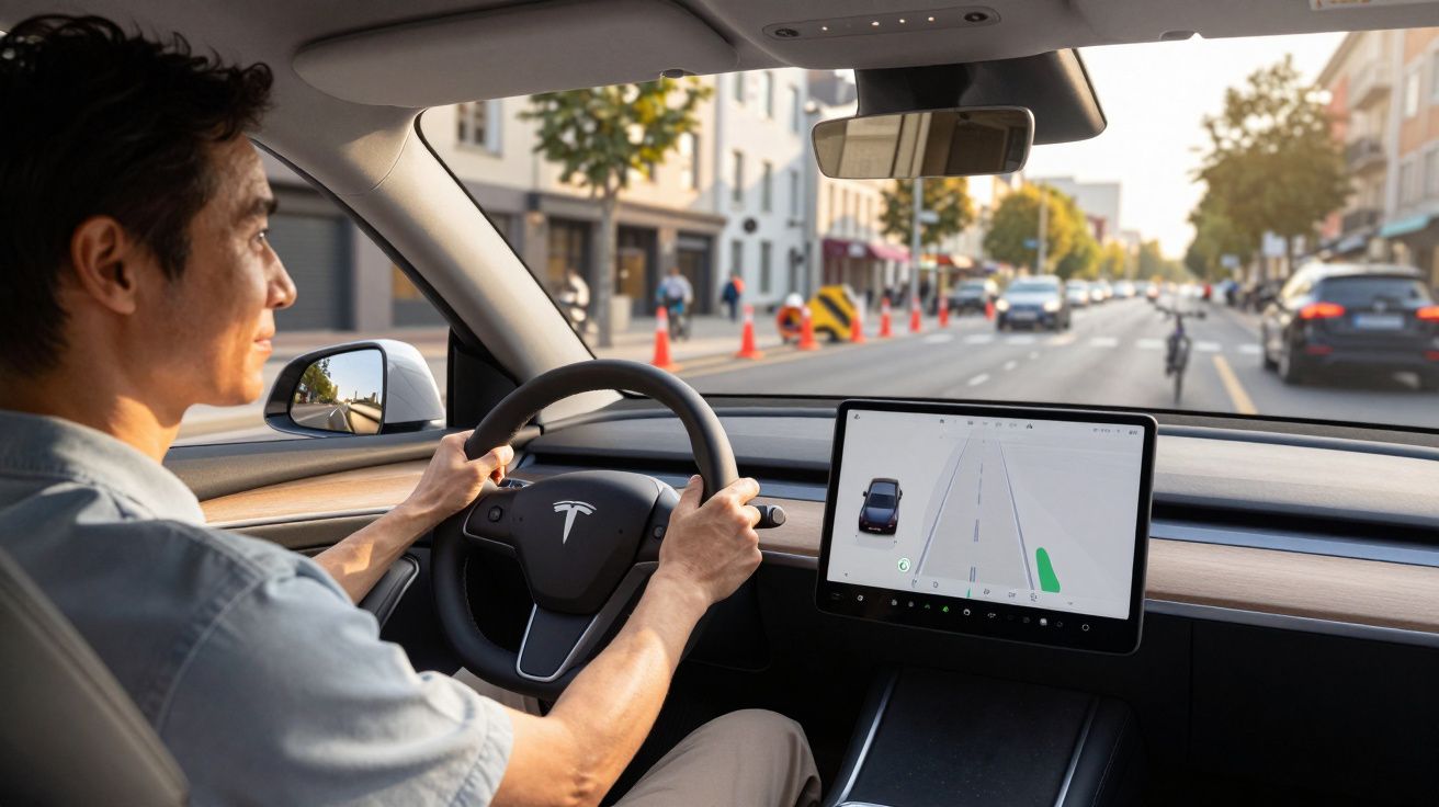 Man drives Tesla with Autopilot on, showing navigation screen, city street view in background.