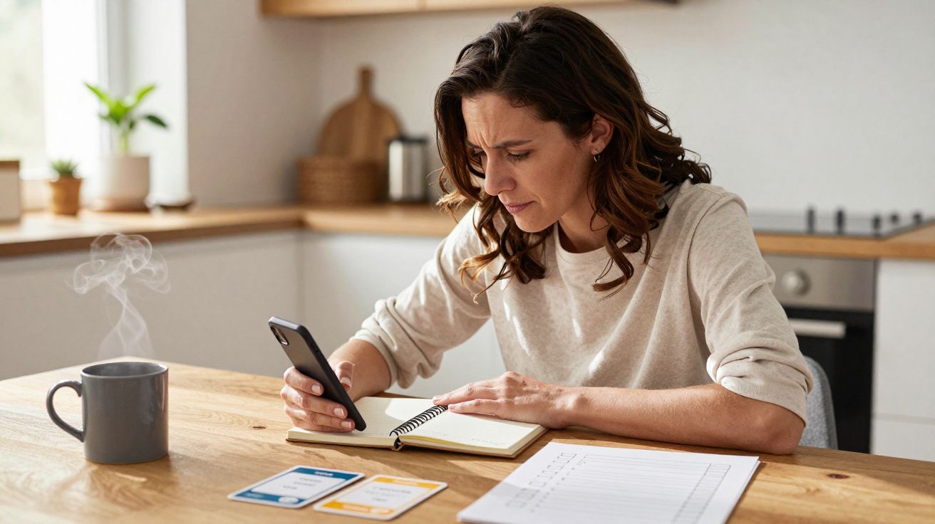 Woman using phone and writing in notebook at a wooden kitchen table with a mug and papers.