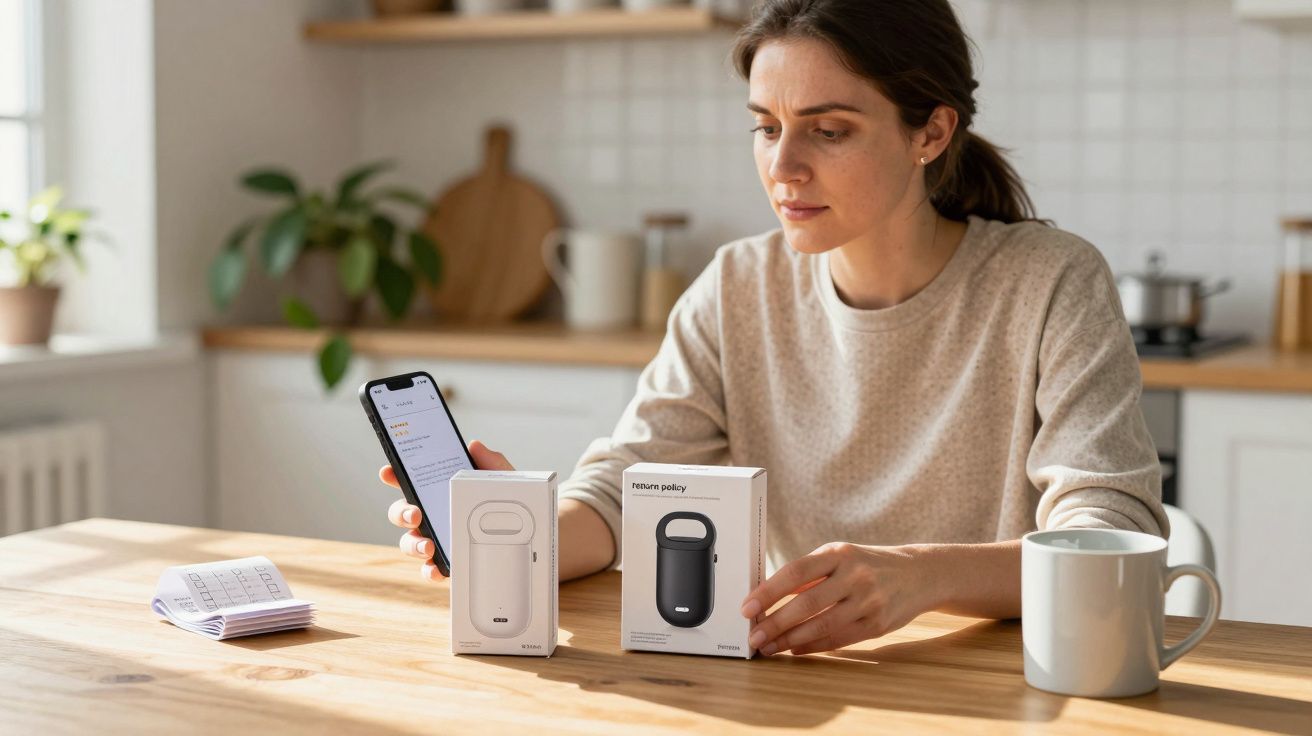 Woman in a kitchen holding a smartphone and examining two smart home devices on the table.