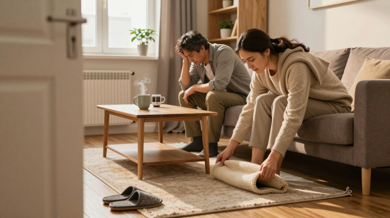 Woman rolling rug in living room while man sits on sofa, both appearing thoughtful. Coffee cups and slippers nearby.