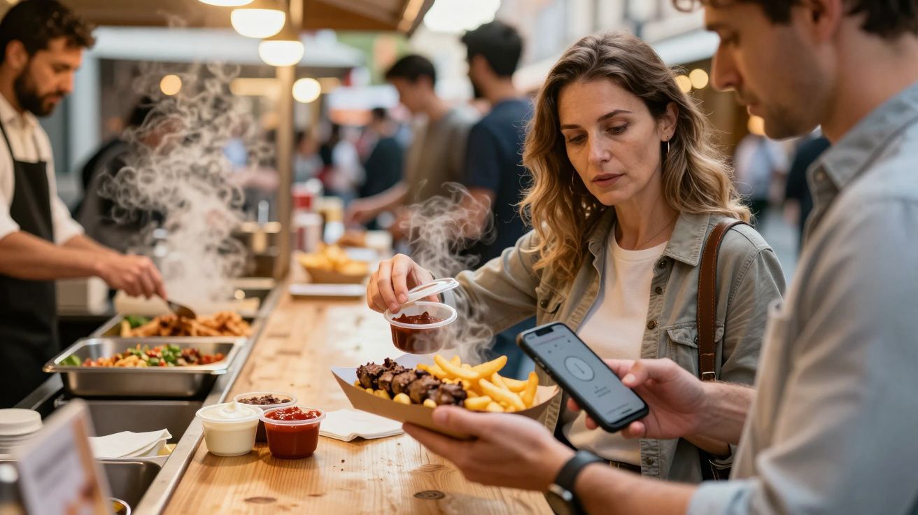 Woman holding food tray, adding sauce. Man beside her holds phone. Street food market scene with steaming dishes and vendors.