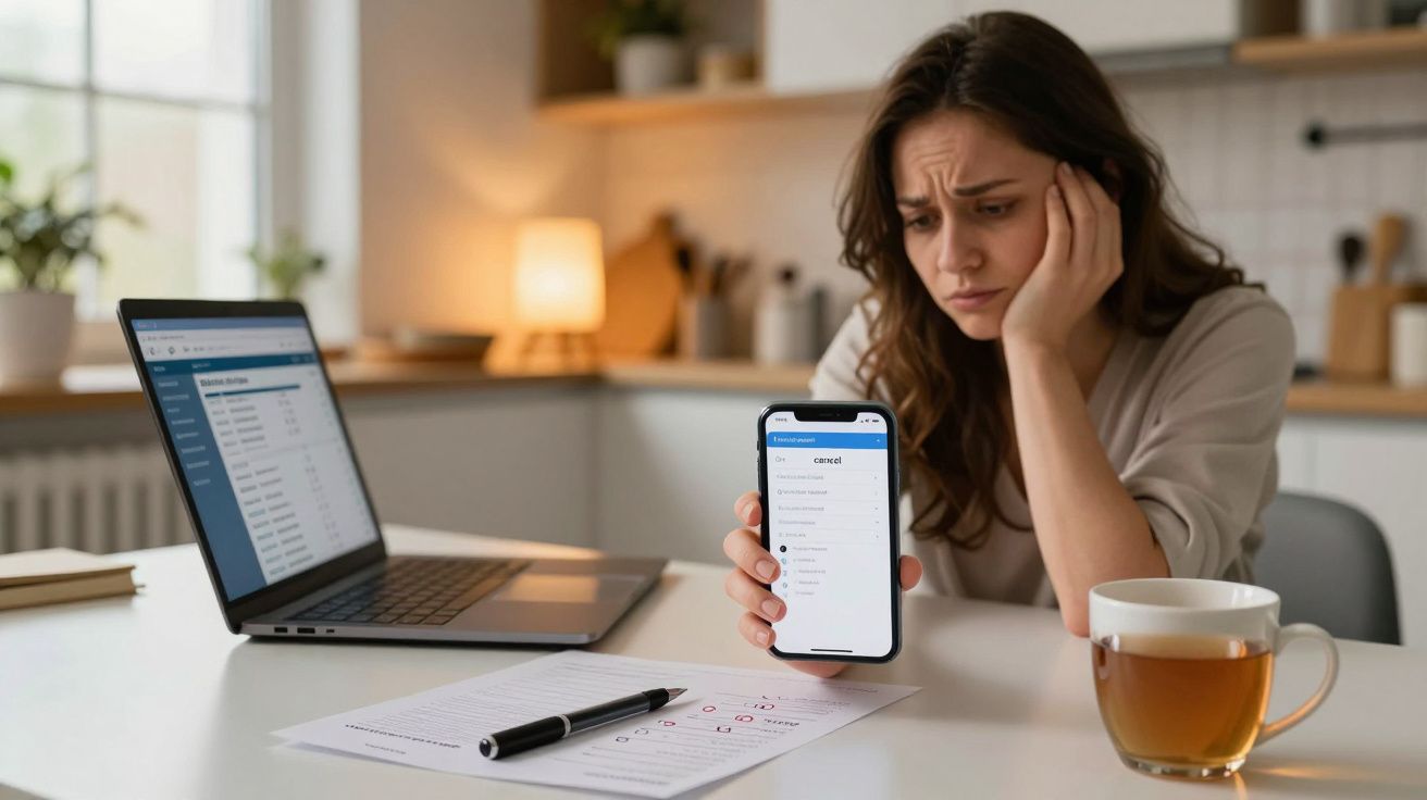 Woman looks worried while viewing a document on smartphone, with laptop and tea on desk.