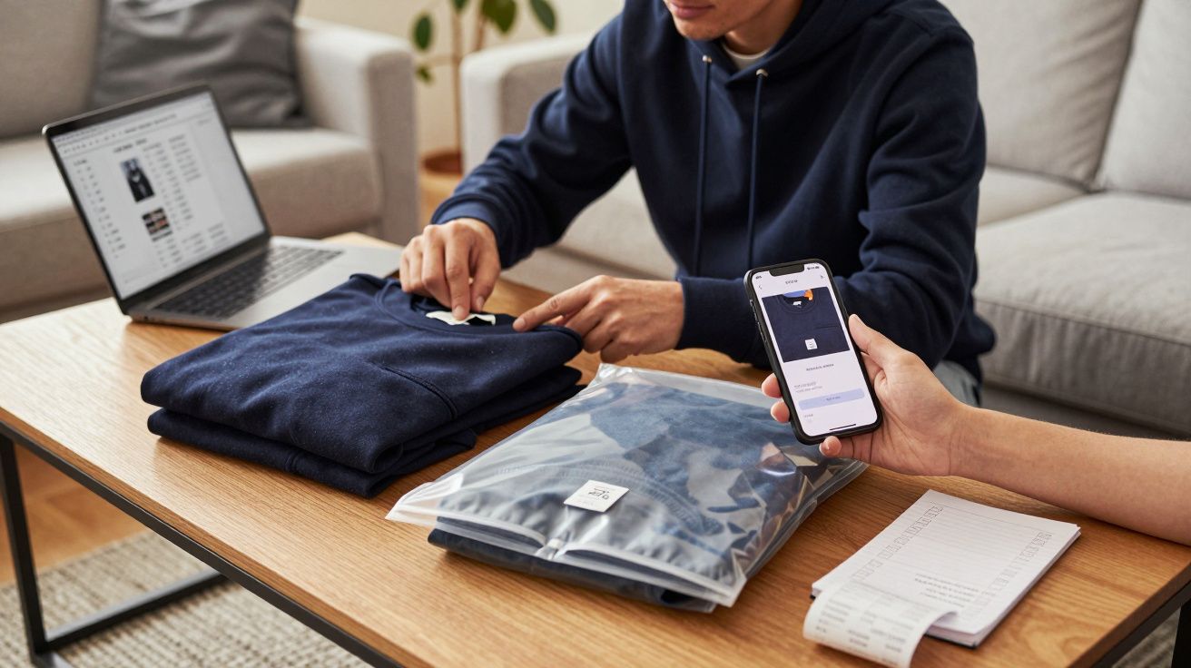 Two people preparing packaged clothing with a laptop and smartphone on a table, indicating online business.