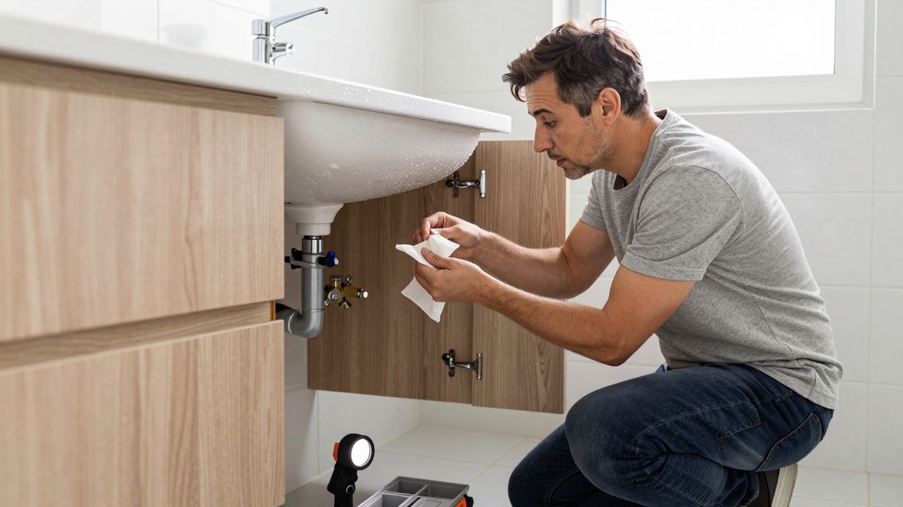 Man inspecting leaking pipe under sink, holding towel, toolbox nearby.
