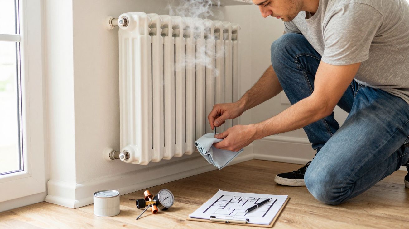 Man kneels, checks steamy radiator with cloth, tools and plans on floor nearby.