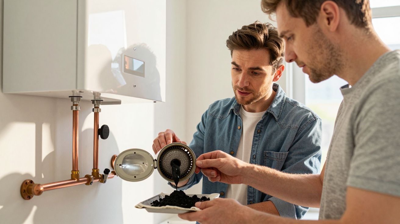 Two men inspect and clean black sediment from a boiler filter in a domestic setting.
