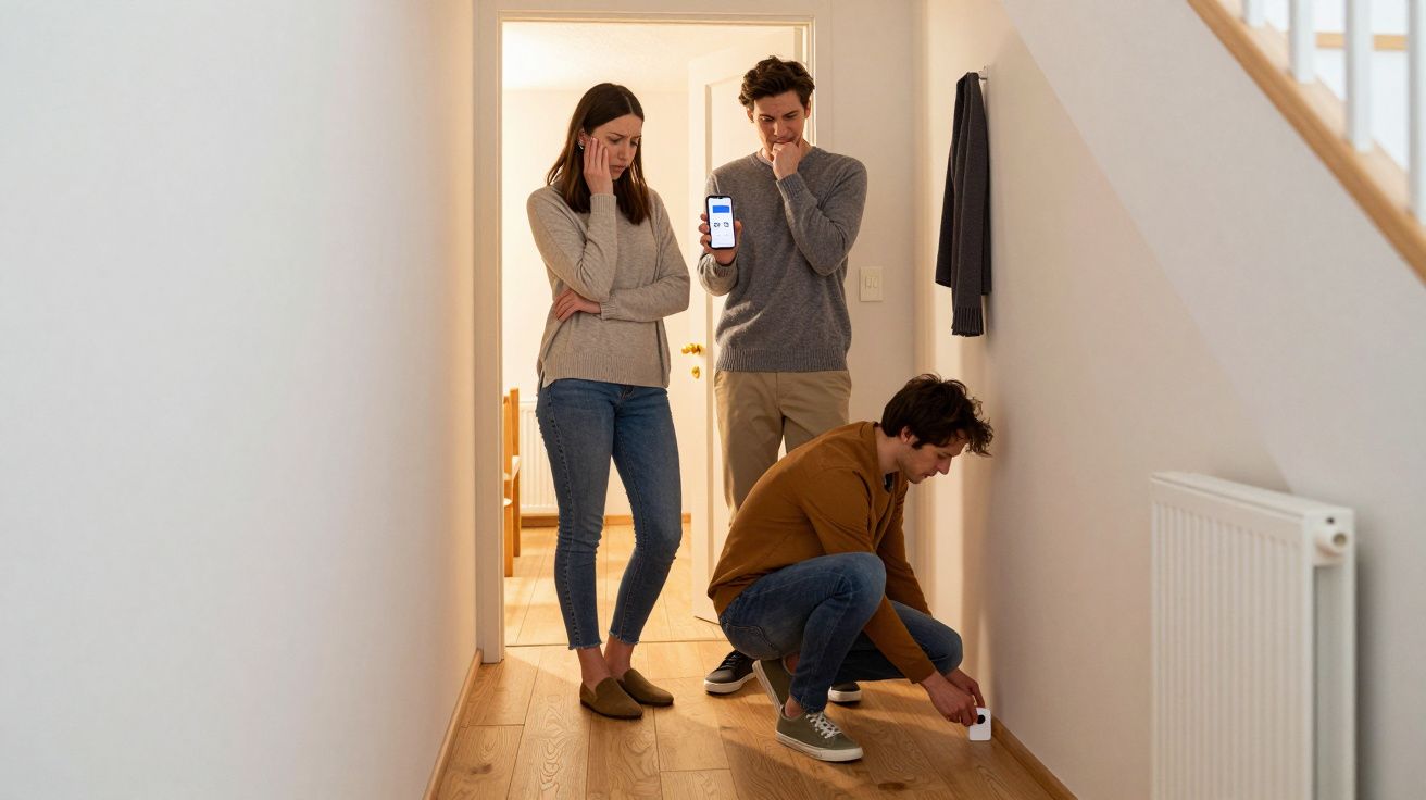 Three people in a hallway, two holding smartphones, one kneeling to adjust a device on the floor near a radiator.