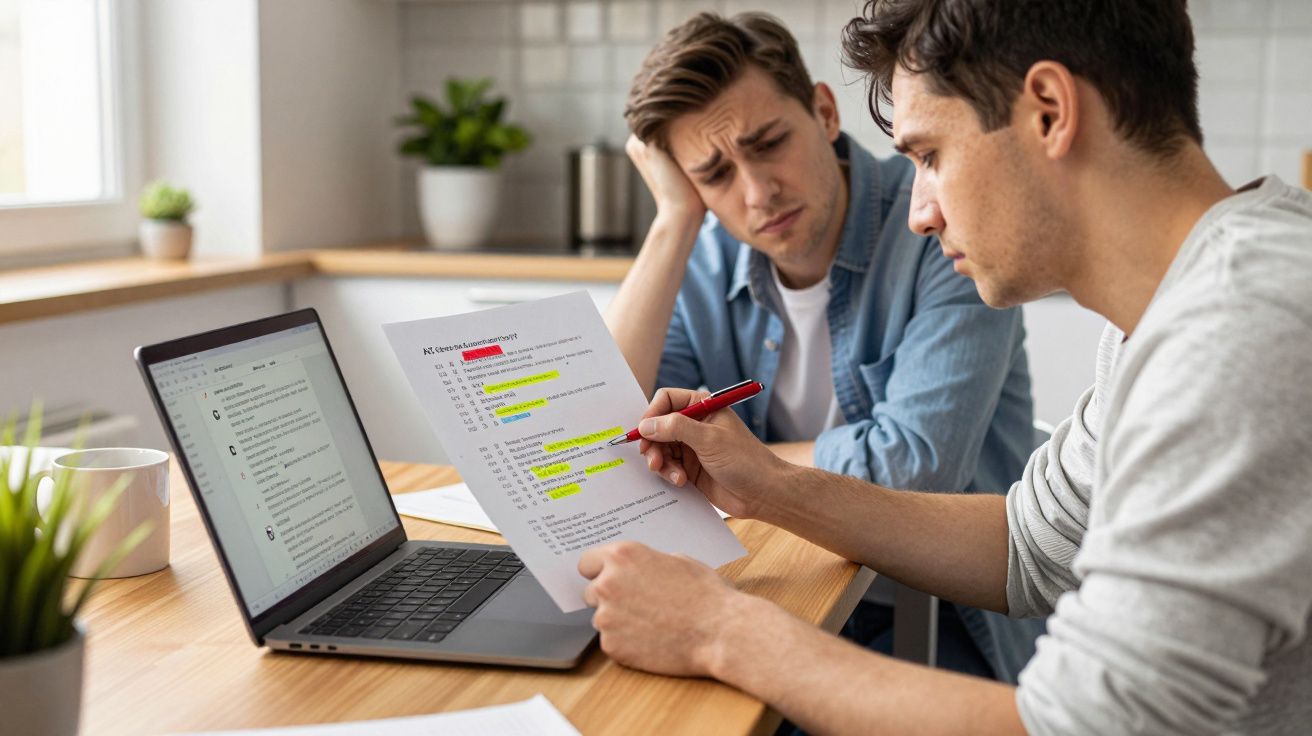 Two men studying at a table with a laptop, highlighting a paper, one looking frustrated.
