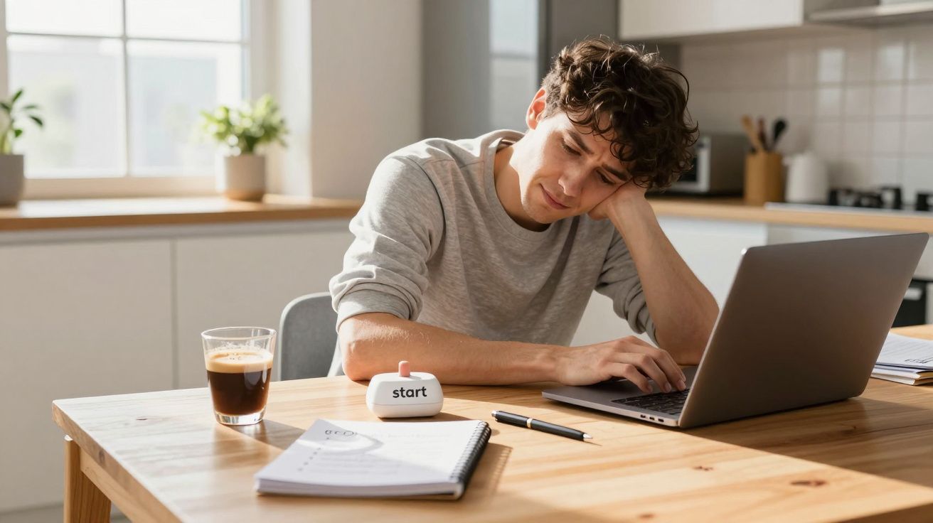 Man sitting at a table, looking at a laptop, with a notebook, coffee, and a timer labelled "start" nearby.