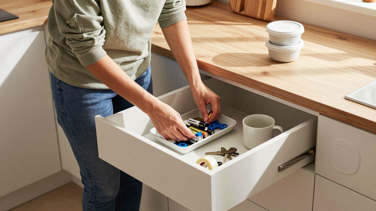 Person organising kitchen drawer with various items and a mug on a wooden counter.