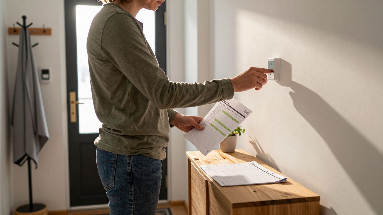Person adjusting a thermostat on a wall while holding a utility bill, standing next to a wooden cabinet in a hallway.
