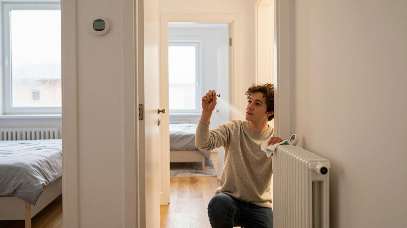 Person kneeling, adjusting radiator with tool in a bright hallway, adjacent to a bedroom.