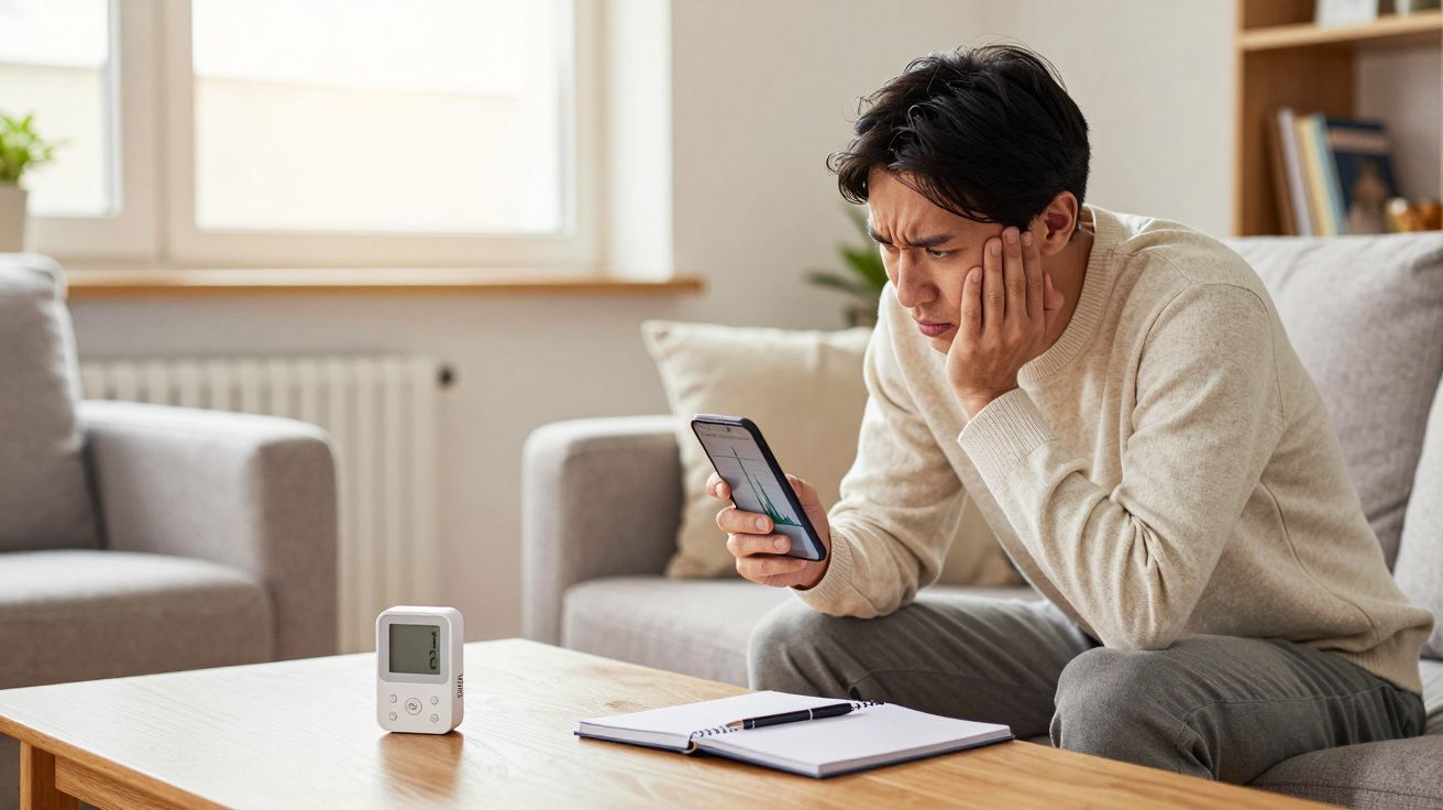 Man in a beige jumper looks concerned at phone while sitting on a sofa. A digital thermometer and notebook on the table.