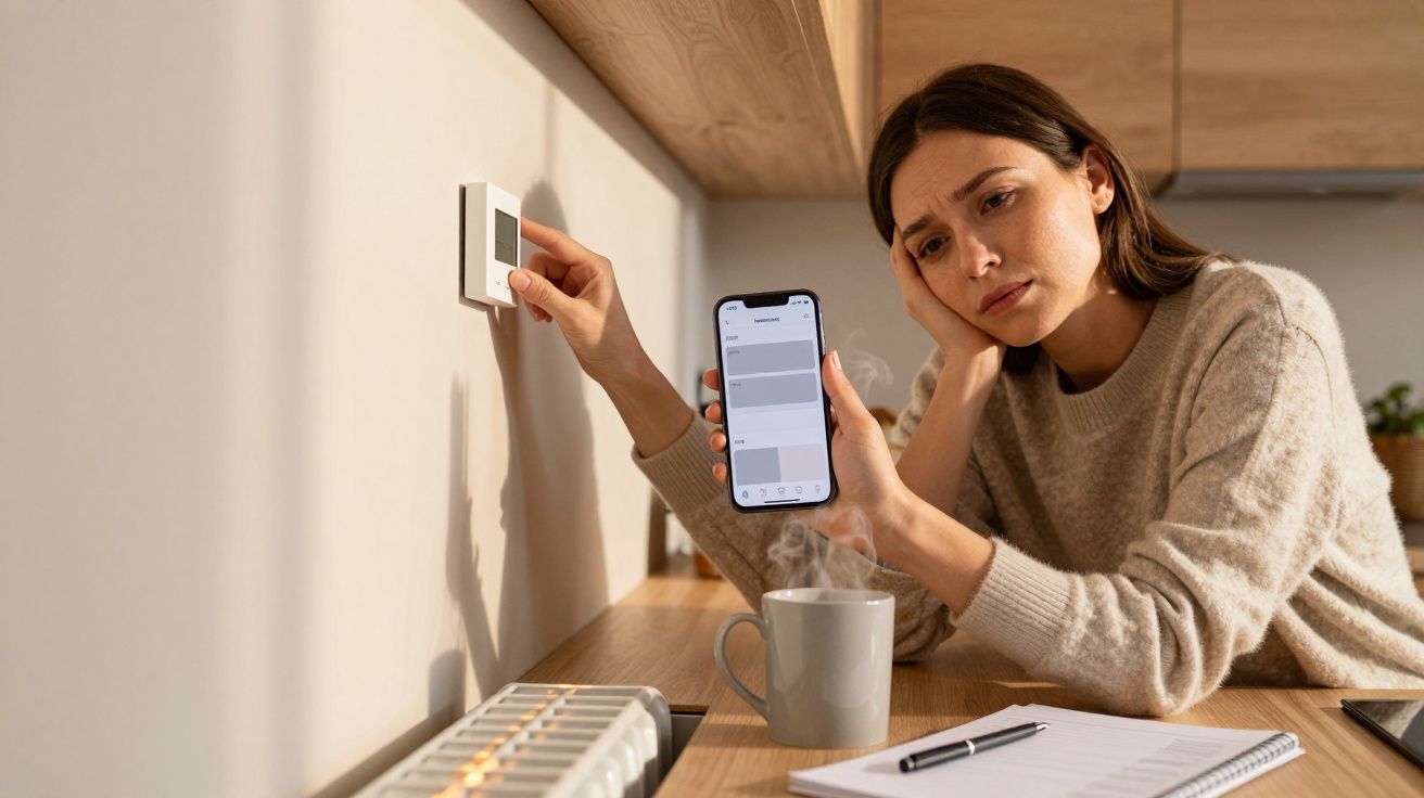 Woman adjusting thermostat with smartphone, looking concerned; radiator, mug, and notebook on the table.