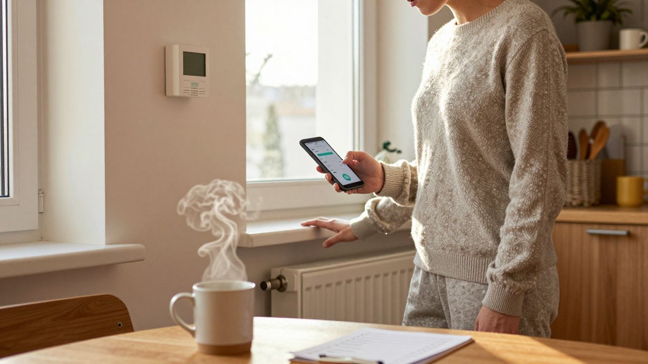 Person in cosy loungewear using a smartphone in a kitchen, with a steaming mug and notebook on the table nearby.